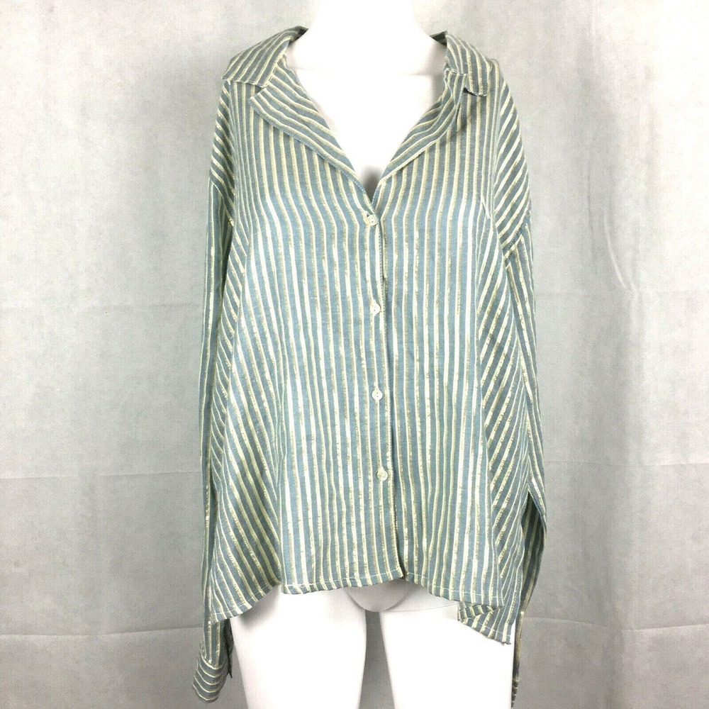 SimiSue Shirt Womens Sz L‎ Blue Gold Metallic Striped Long Sleeve Button Up